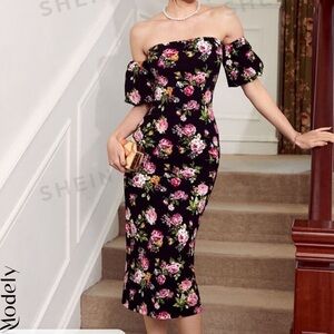 NWT SHEIN Modely Floral Off Shoulder Wiggle Dress M